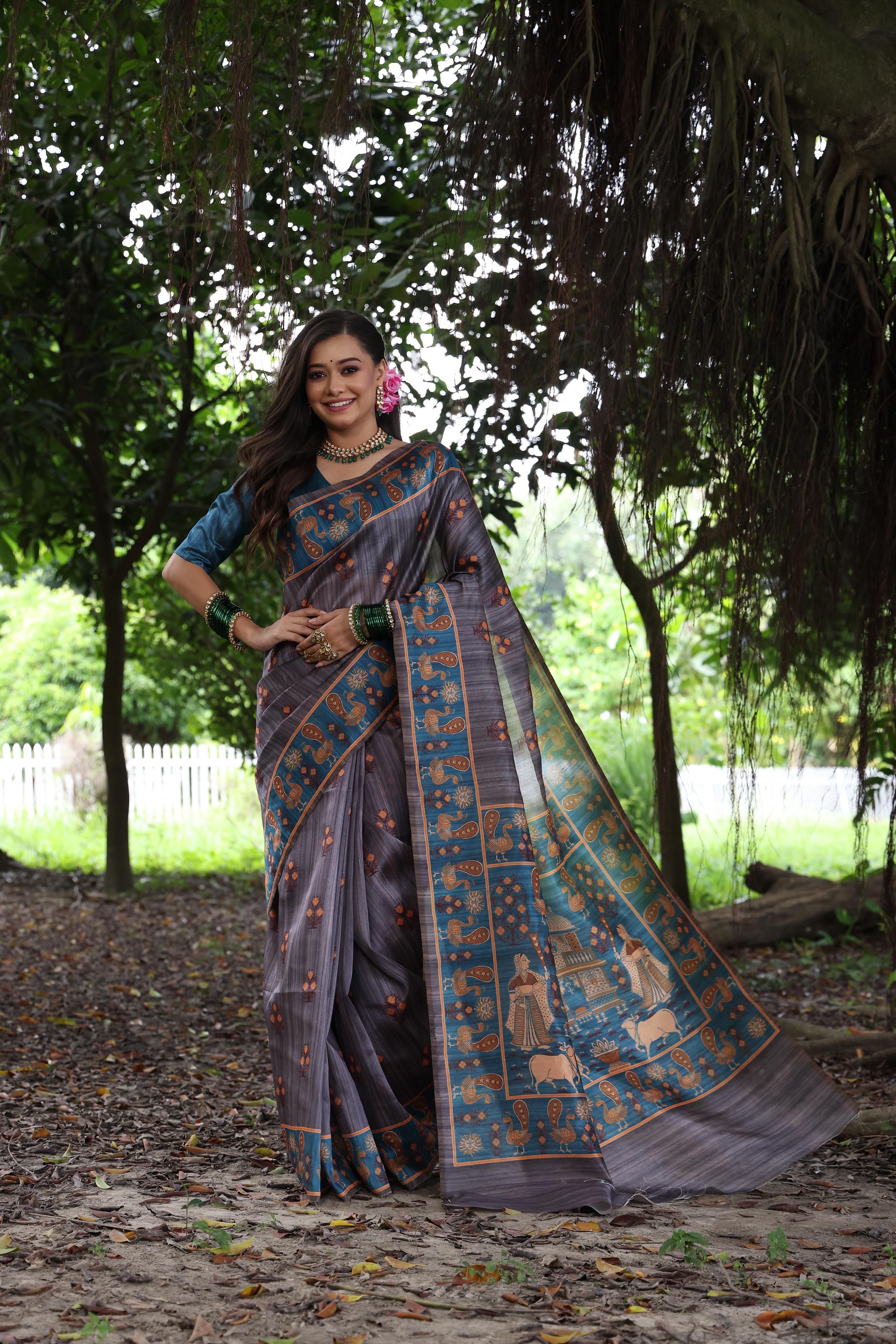 Premium Mixture of Peacock and Pichwai Print Soft Tussar Silk Saree
